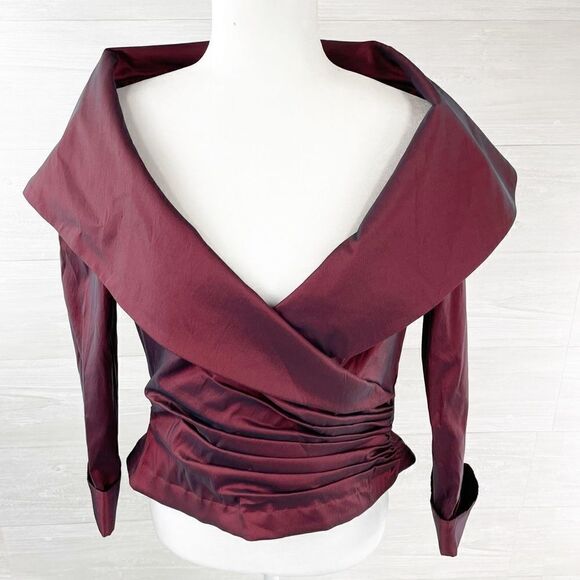 Vintage Tadashi Shoji Off Shoulder Pleated Satin Top - Picture 1 of 7